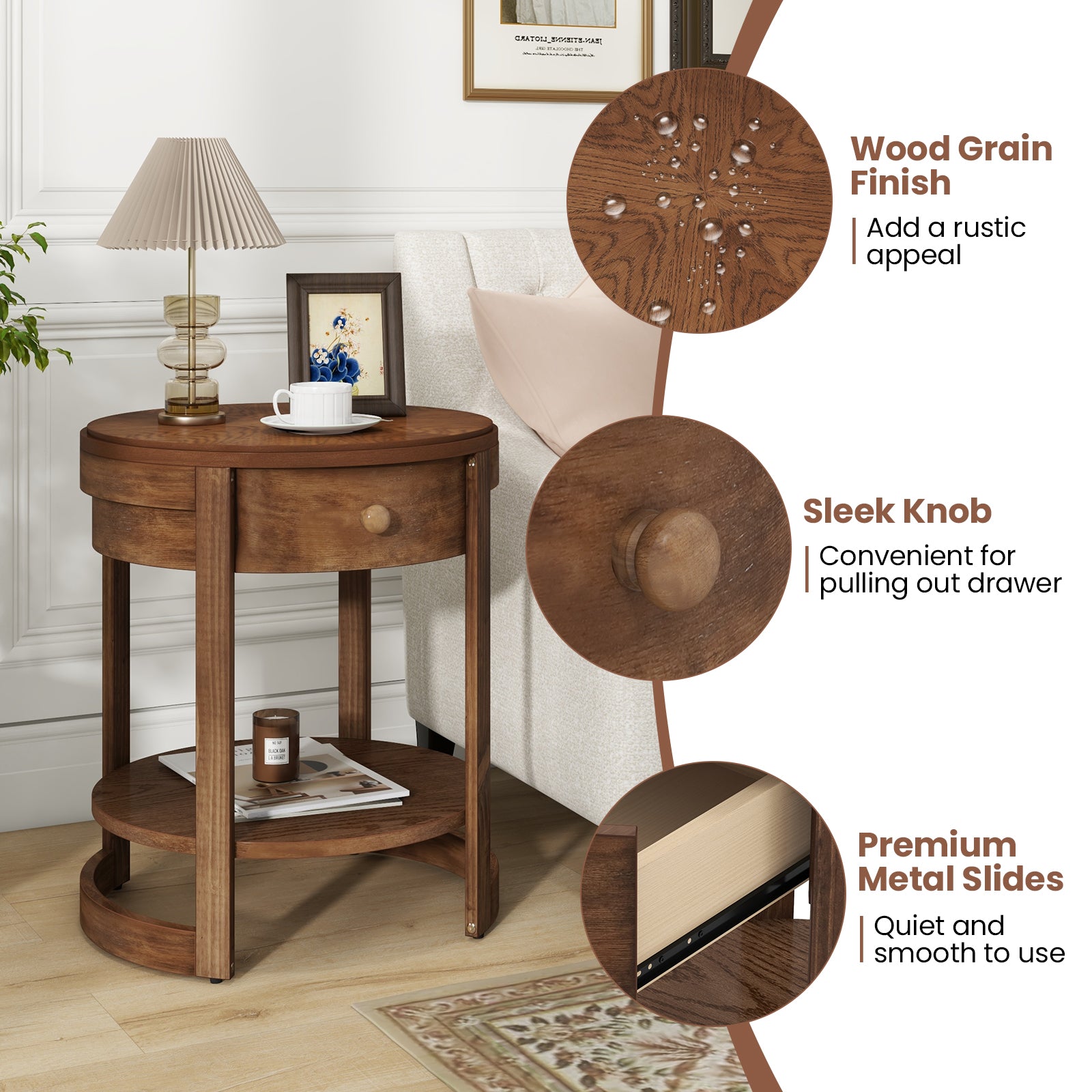 2-Tier Round End Table Mid Century Modern Nightstand with Drawer and Shelf, Brown End & Side Tables at Gallery Canada