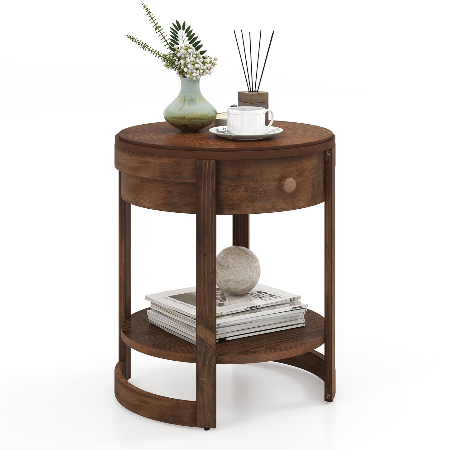 2-Tier Round End Table Mid Century Modern Nightstand with Drawer and Shelf, Brown End & Side Tables at Gallery Canada