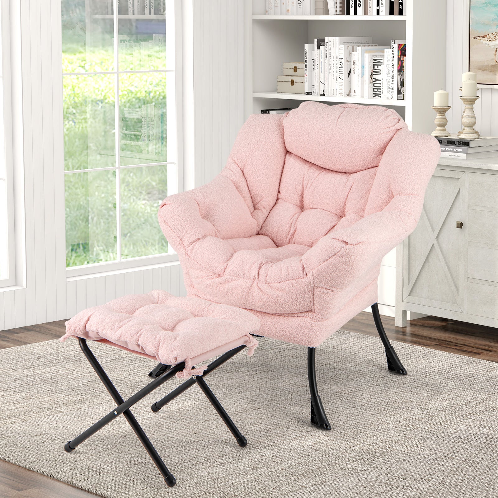 Modern Accent Chair with Folding Footrest and Head Pillow, Pink Accent Chairs at Gallery Canada