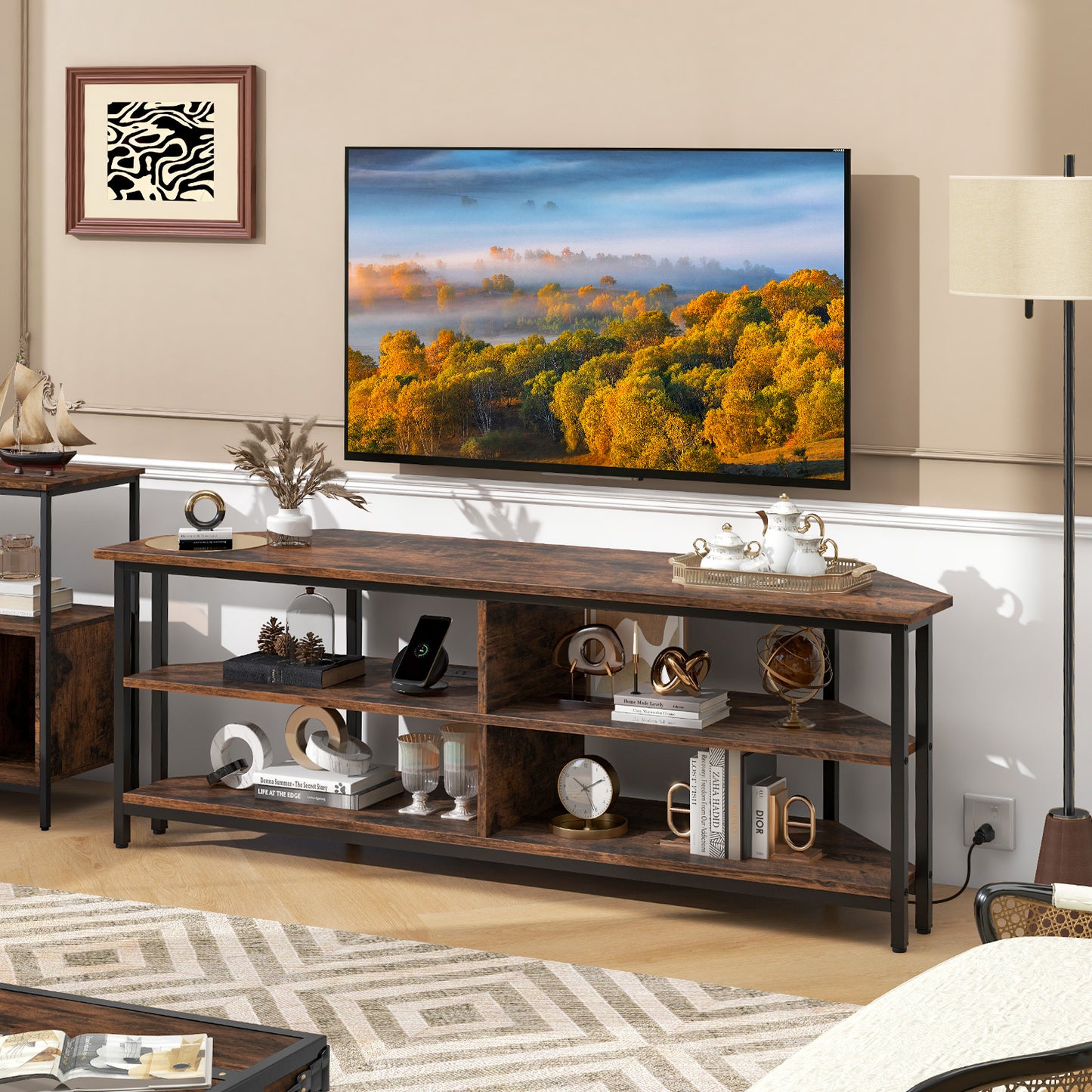 3-Tier Corner TV Stand, 65 Inches, Rustic Brown Entertainment Centers & TV Stands at Gallery Canada