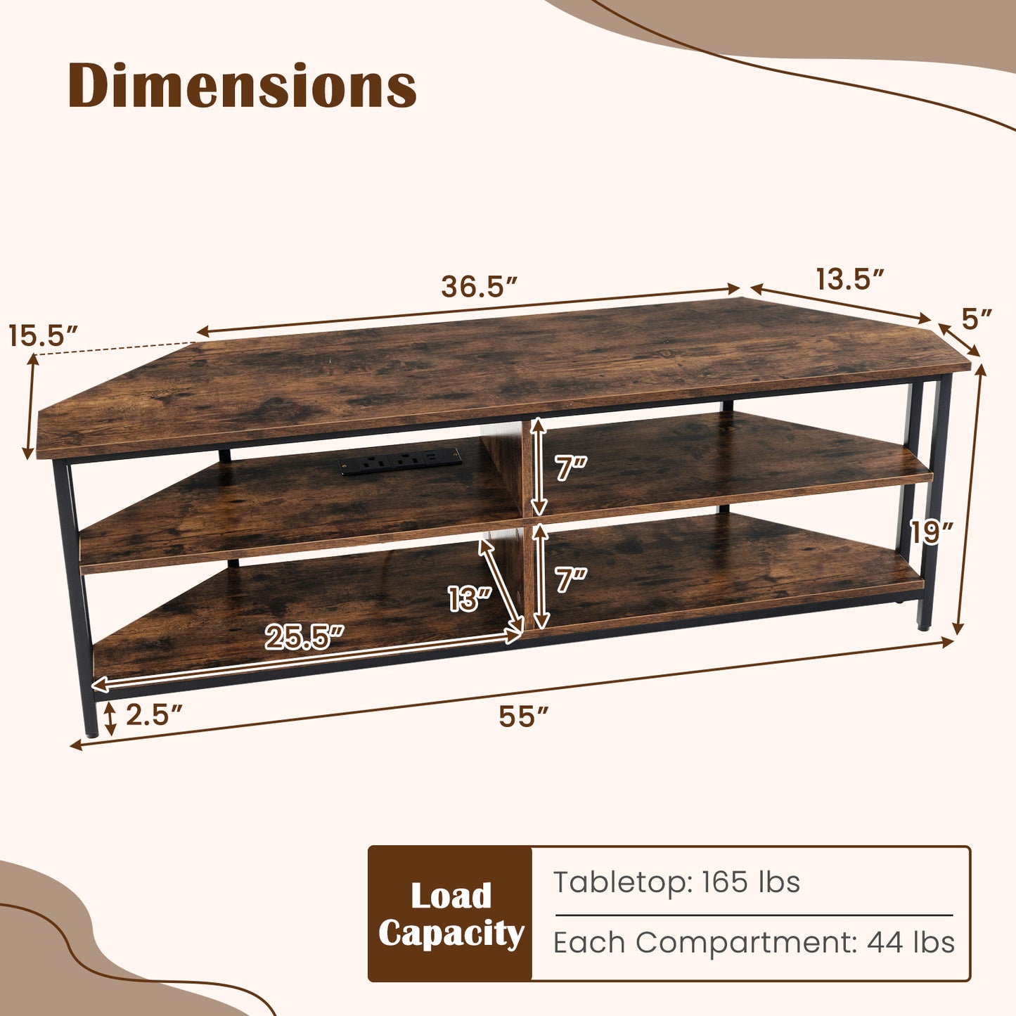 3-Tier Corner TV Stand, 65 Inches, Rustic Brown Entertainment Centers & TV Stands at Gallery Canada