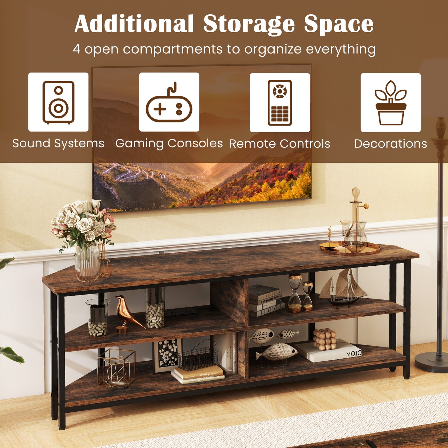 3-Tier Corner TV Stand, 65 Inches, Rustic Brown Entertainment Centers & TV Stands at Gallery Canada