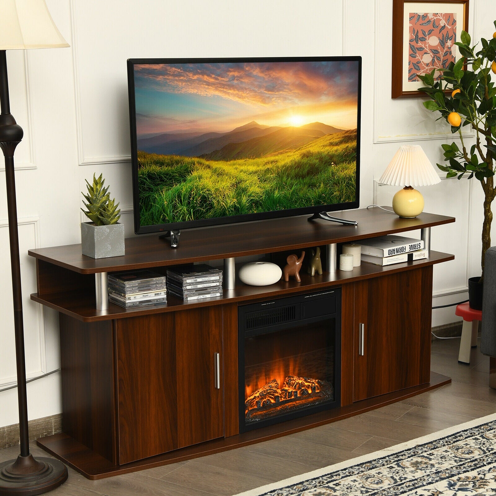 63 Inch TV Entertainment Console Center with 2 Cabinets, Walnut Entertainment Centers & TV Stands at Gallery Canada