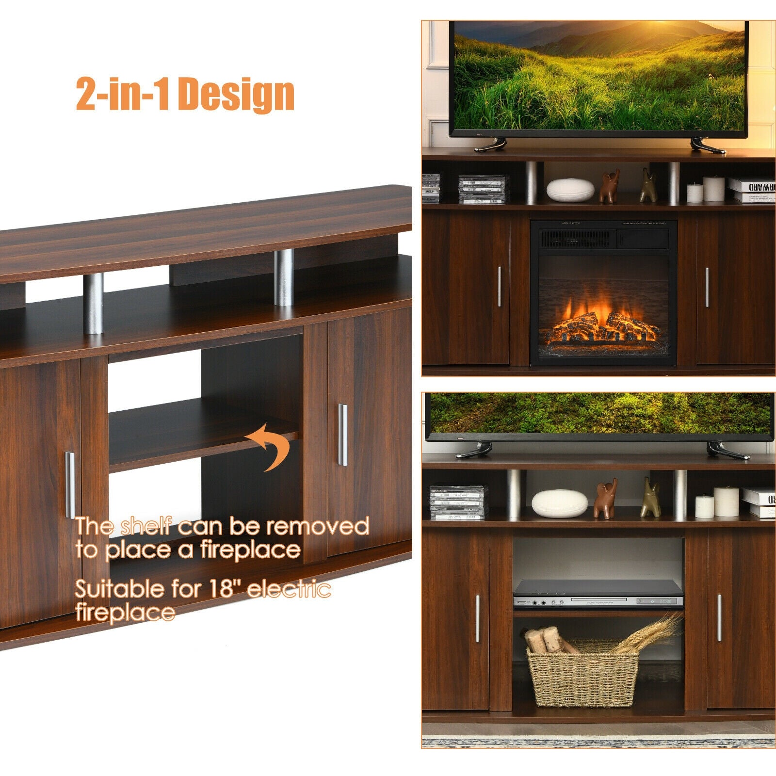 63 Inch TV Entertainment Console Center with 2 Cabinets, Walnut Entertainment Centers & TV Stands at Gallery Canada
