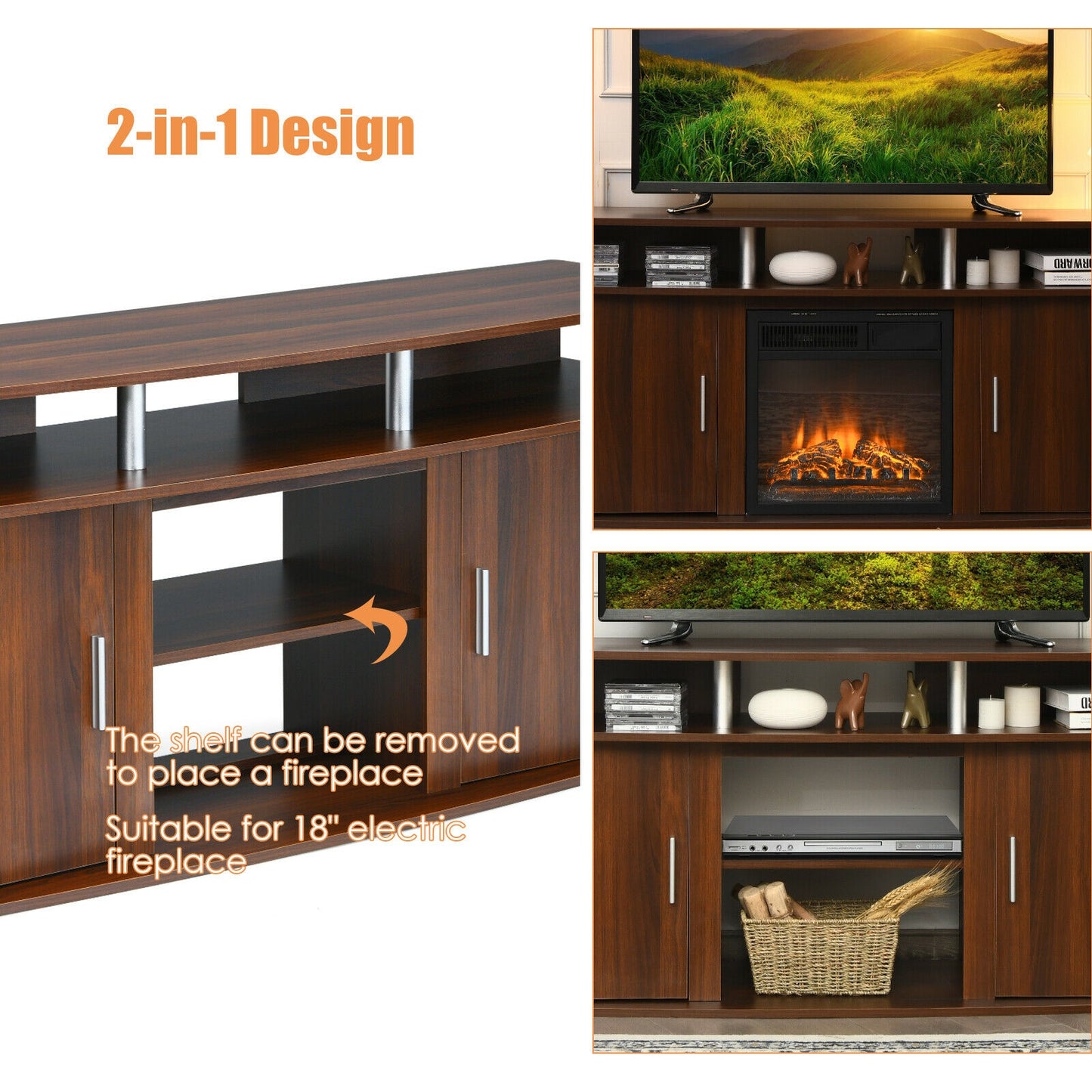 63 Inch TV Entertainment Console Center with 2 Cabinets, Walnut Entertainment Centers & TV Stands at Gallery Canada