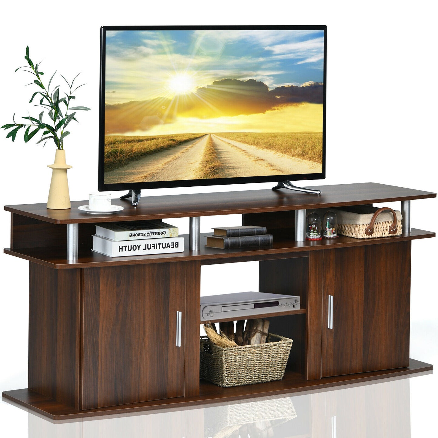63 Inch TV Entertainment Console Center with 2 Cabinets, Walnut Entertainment Centers & TV Stands Walnut at Gallery Canada