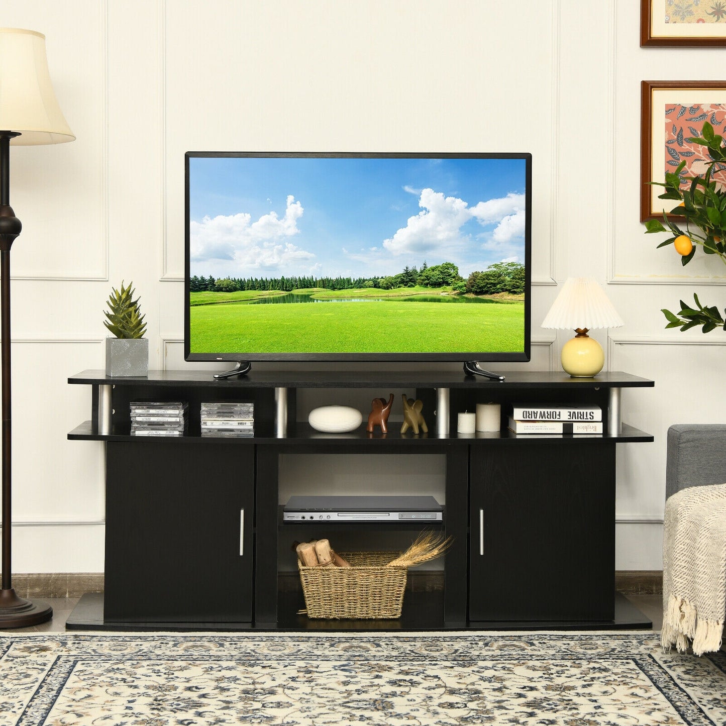 63 Inch TV Entertainment Console Center with 2 Cabinets, Black Entertainment Centers & TV Stands at Gallery Canada