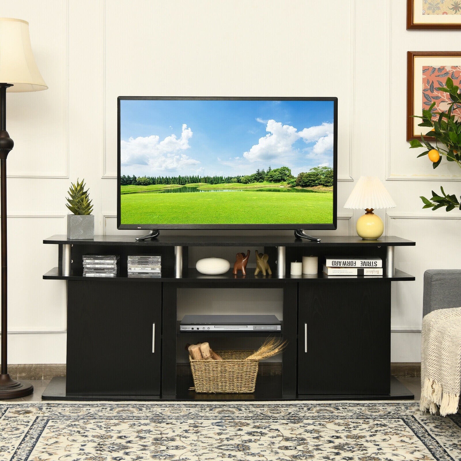 63 Inch TV Entertainment Console Center with 2 Cabinets, Black Entertainment Centers & TV Stands at Gallery Canada