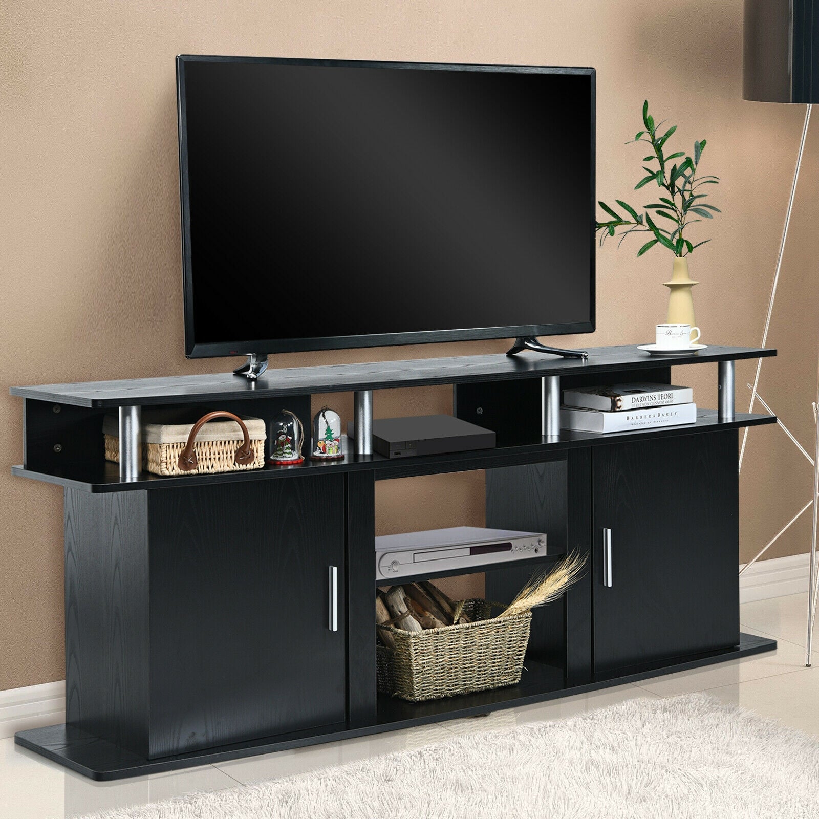 63 Inch TV Entertainment Console Center with 2 Cabinets, Black Entertainment Centers & TV Stands at Gallery Canada