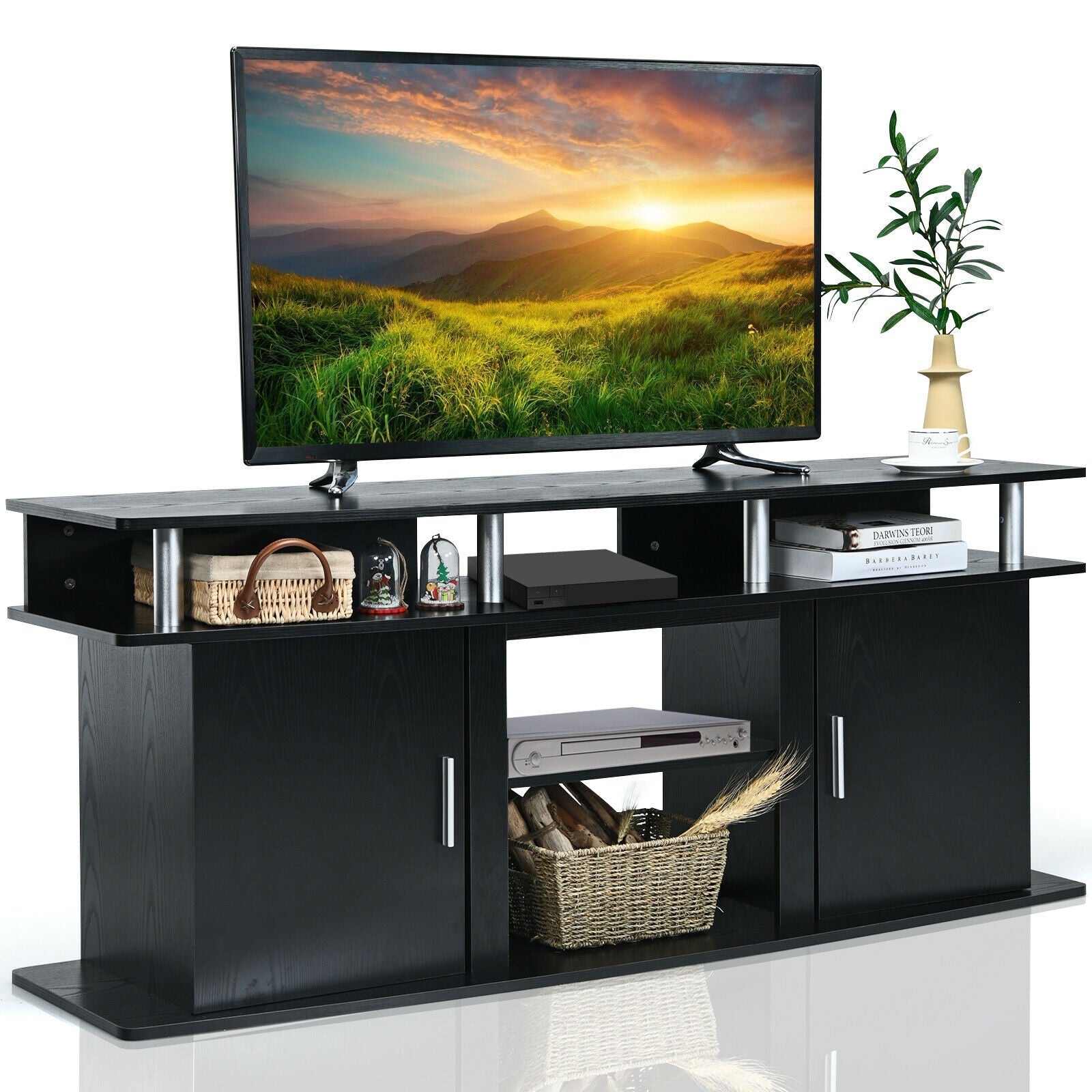 63 Inch TV Entertainment Console Center with 2 Cabinets, Black Entertainment Centers & TV Stands at Gallery Canada