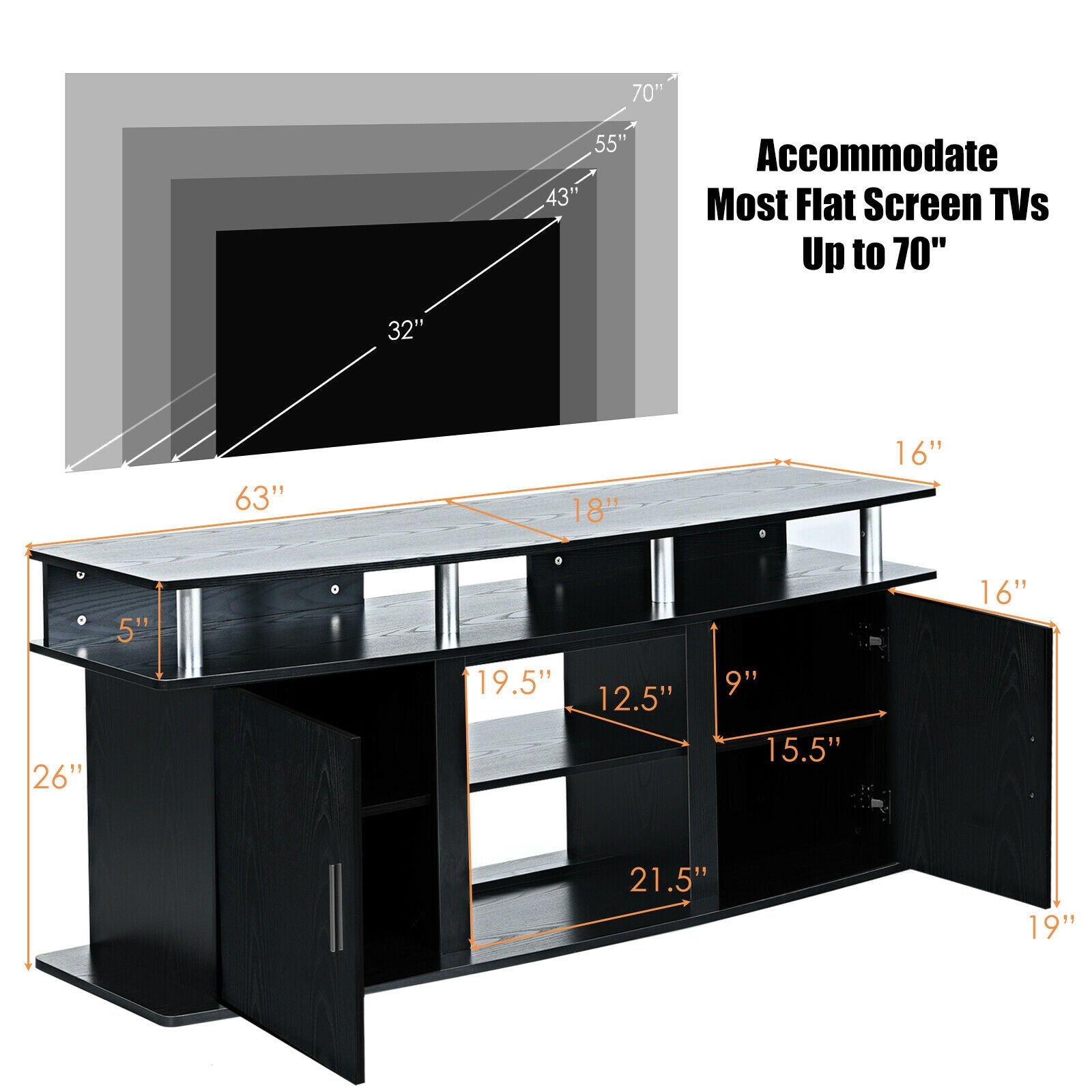 63 Inch TV Entertainment Console Center with 2 Cabinets, Black Entertainment Centers & TV Stands at Gallery Canada