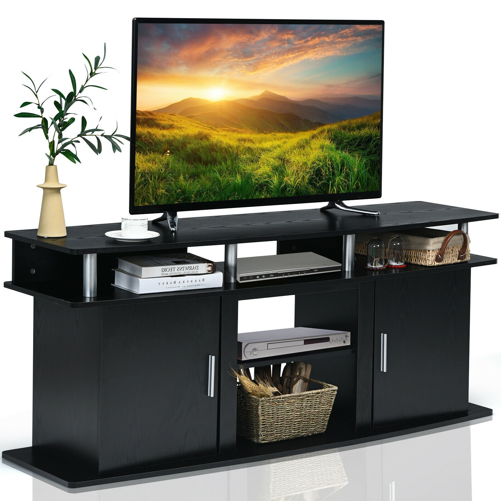 63 Inch TV Entertainment Console, 2 Cabinets, Black Entertainment Centers & TV Stands at Gallery Canada