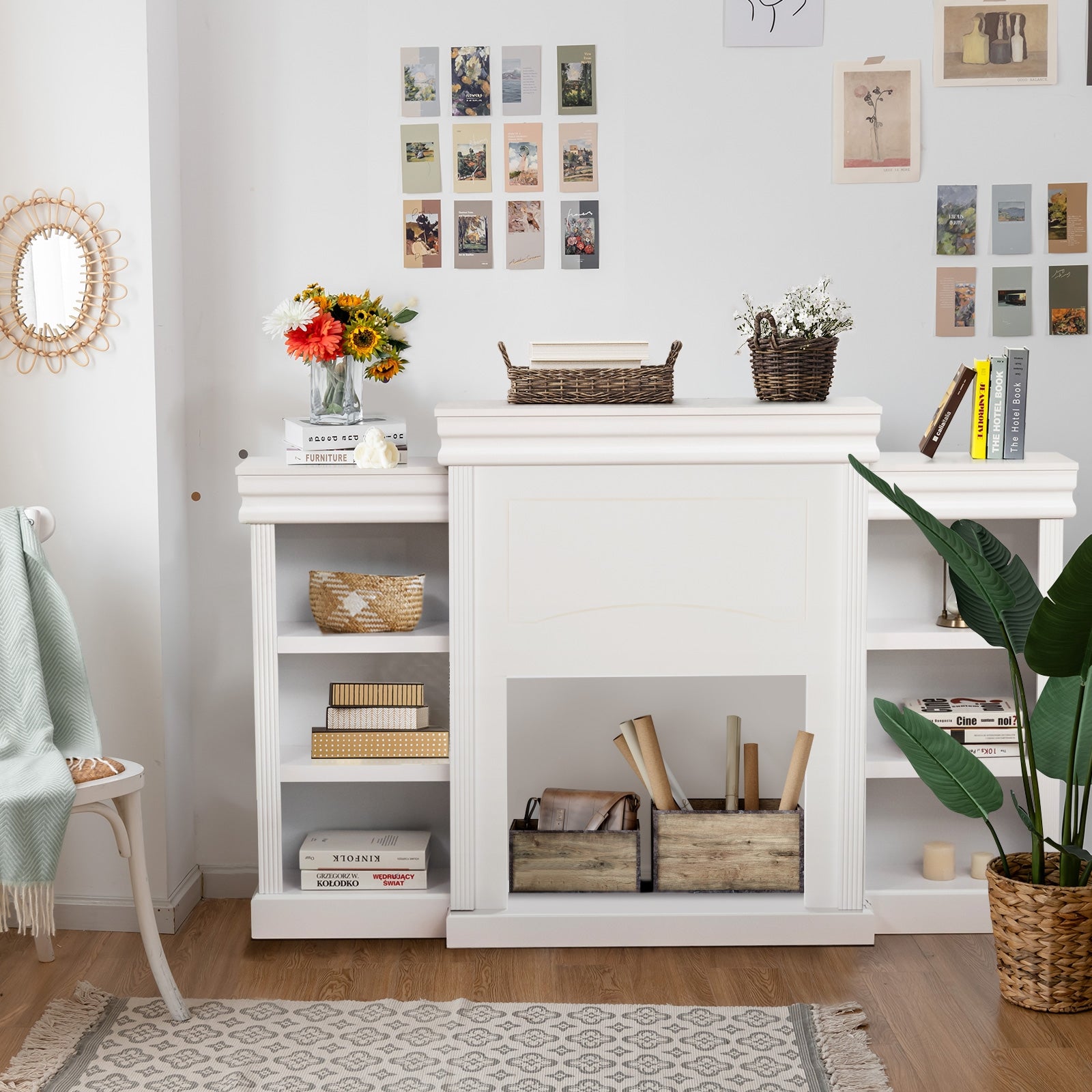 70 Inch Modern Fireplace Media Entertainment Center with Bookcase, White Entertainment Centers & TV Stands at Gallery Canada