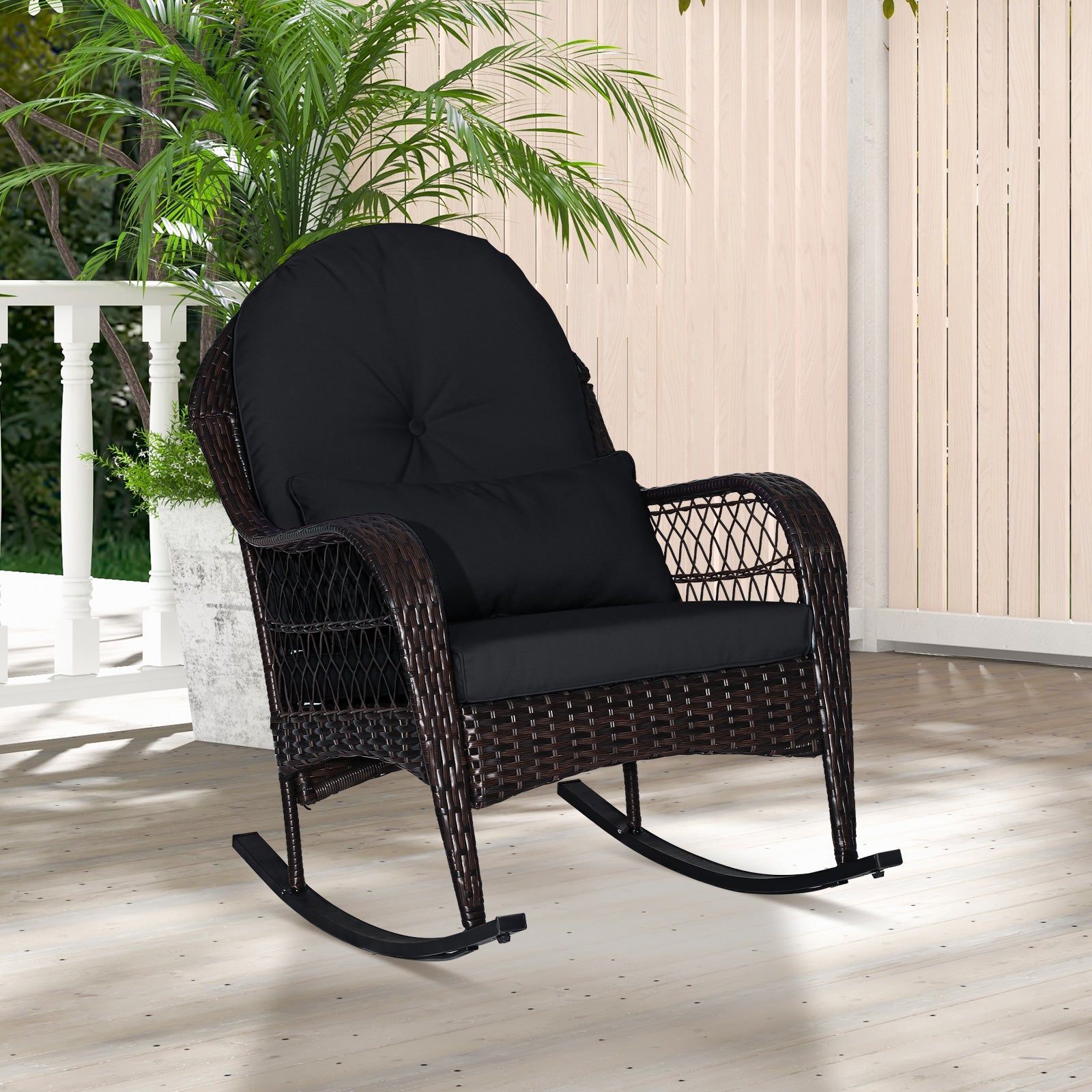 Patio Rattan Rocking Chair with Seat Back Cushions and Waist Pillow, Black Patio Rocking Chairs & Gliders at Gallery Canada