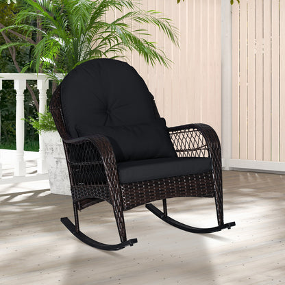 Patio Rattan Rocking Chair with Seat Back Cushions and Waist Pillow, Black Patio Rocking Chairs & Gliders at Gallery Canada