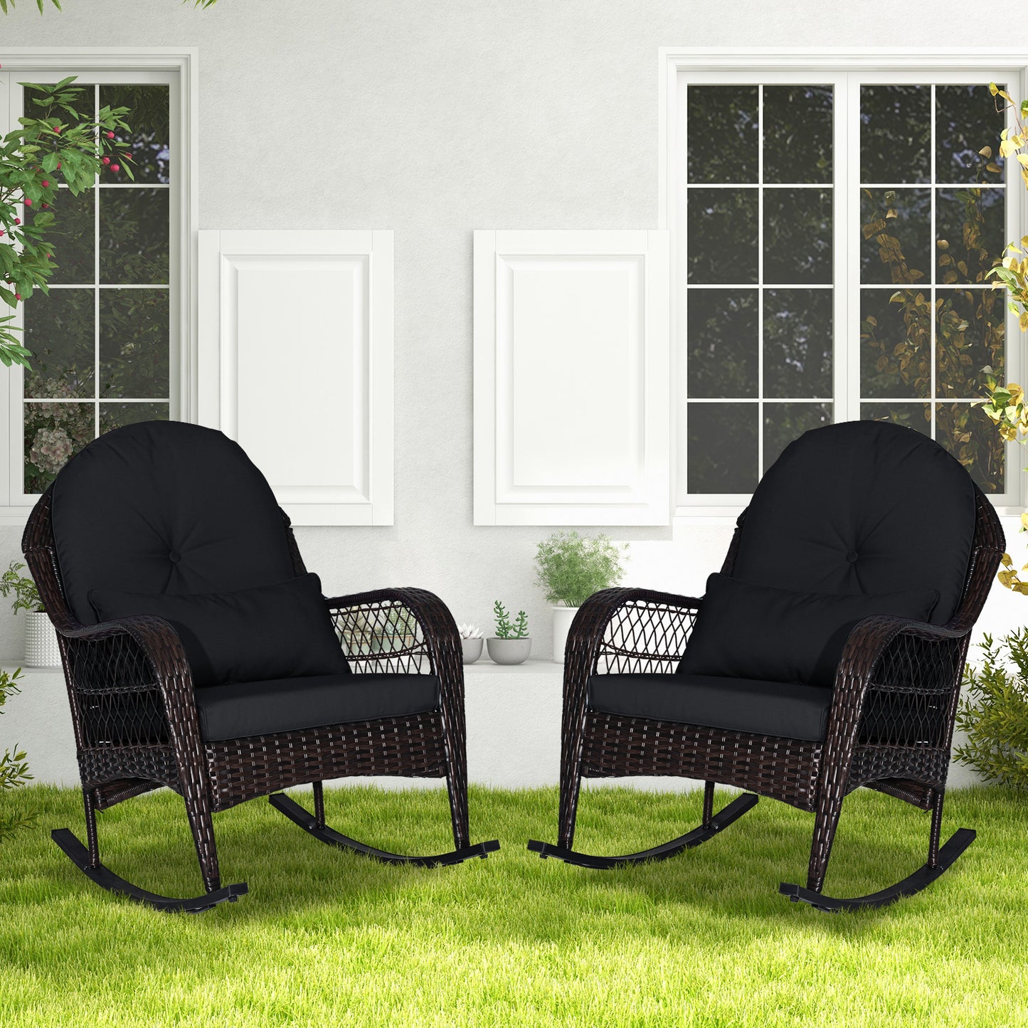 Patio Rattan Rocking Chair with Seat Back Cushions and Waist Pillow, Black Patio Rocking Chairs & Gliders at Gallery Canada
