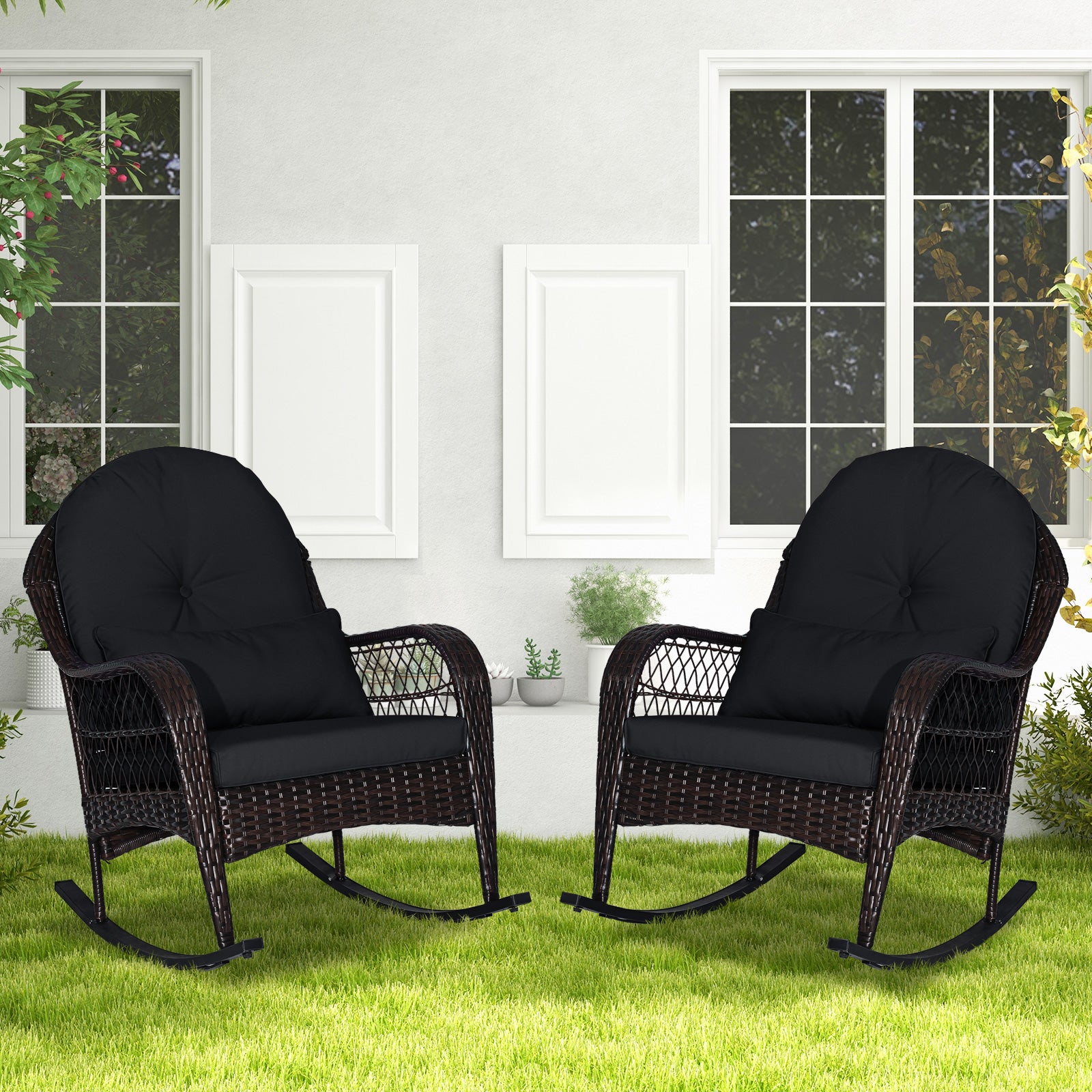 Patio Rattan Rocking Chair with Seat Back Cushions and Waist Pillow, Black Patio Rocking Chairs & Gliders at Gallery Canada