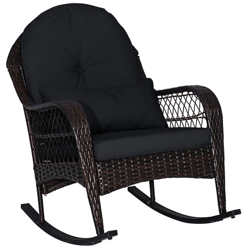 Patio Rattan Rocking Chair with Seat Back Cushions and Waist Pillow, Black