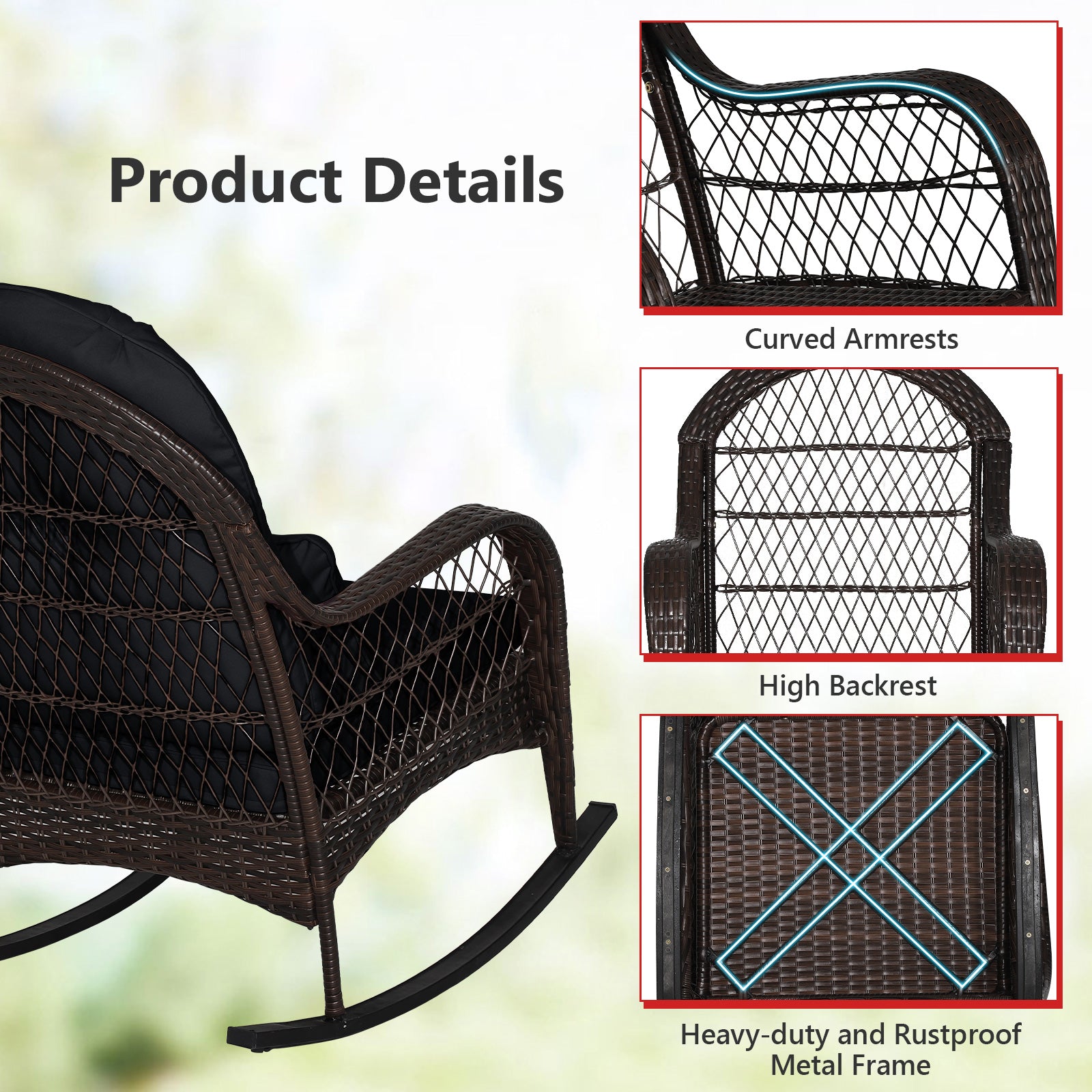 Patio Rattan Rocking Chair with Seat Back Cushions and Waist Pillow, Black Patio Rocking Chairs & Gliders at Gallery Canada