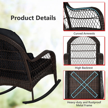 Patio Rattan Rocking Chair with Seat Back Cushions and Waist Pillow, Black Patio Rocking Chairs & Gliders at Gallery Canada