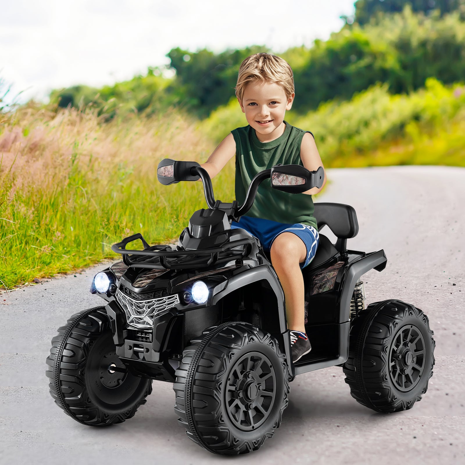12V Kids Ride On ATV 4 Wheeler with MP3 and Headlights-Solid Black, Black & White Powered Ride On Toys at Gallery Canada
