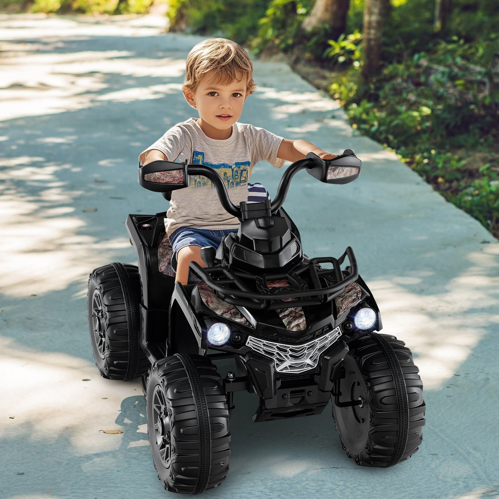12V Kids Ride On ATV 4 Wheeler with MP3 and Headlights-Solid Black, Black & White Powered Ride On Toys at Gallery Canada