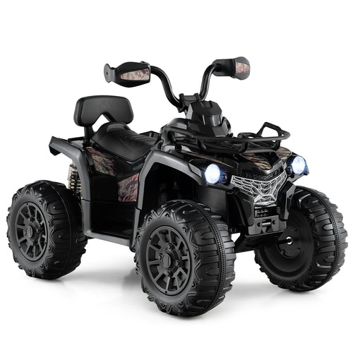 12V Kids Ride On ATV 4 Wheeler with MP3 and Headlights-Solid Black, Black & White