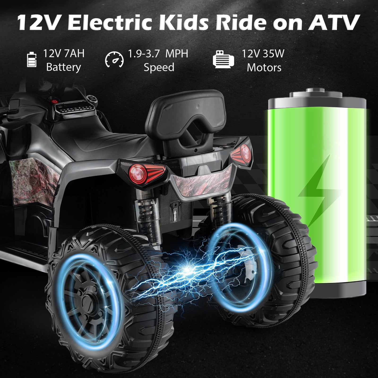 12V Kids Ride On ATV 4 Wheeler with MP3 and Headlights-Solid Black, Black & White Powered Ride On Toys at Gallery Canada