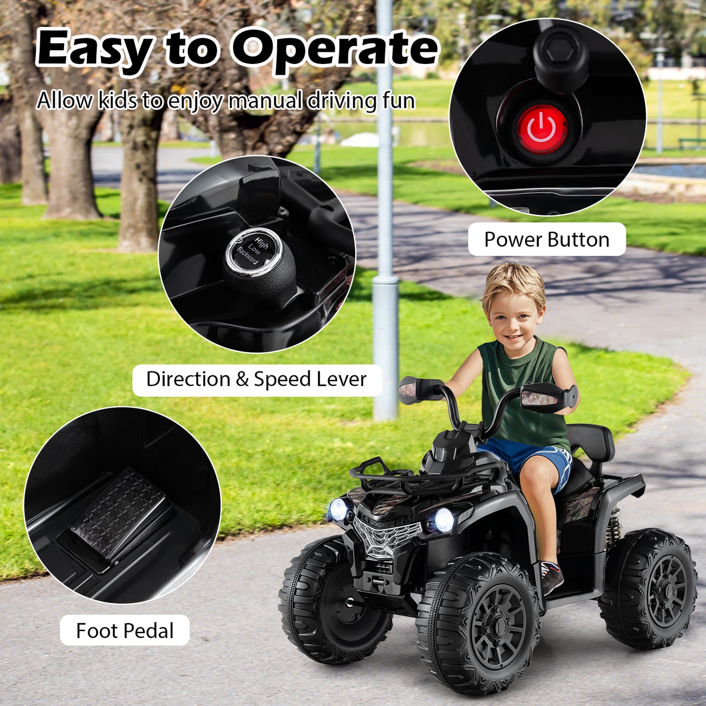 12V Kids Ride On ATV 4 Wheeler with MP3 and Headlights-Solid Black, Black & White Powered Ride On Toys at Gallery Canada