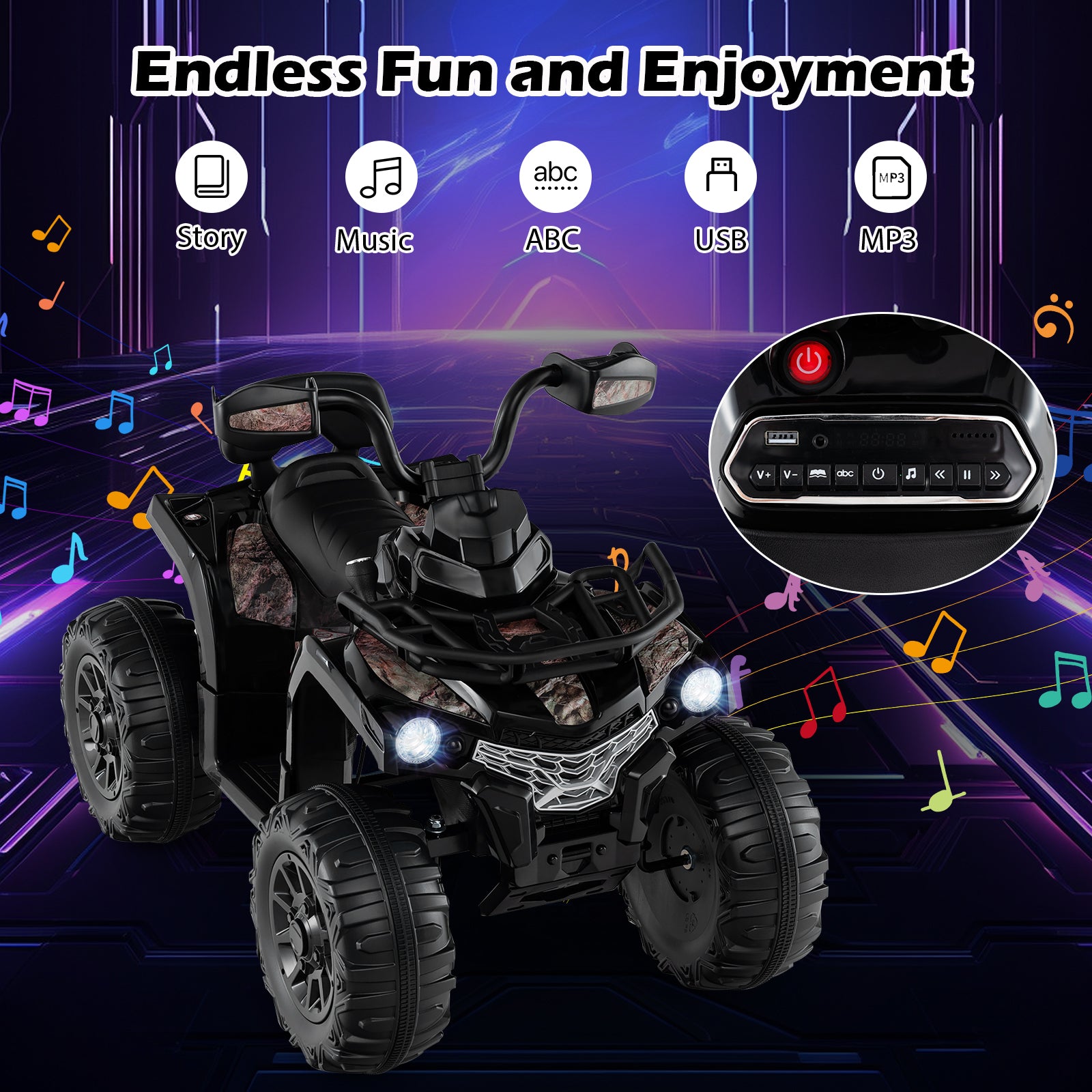 12V Kids Ride On ATV 4 Wheeler with MP3 and Headlights-Solid Black, Black & White Powered Ride On Toys at Gallery Canada