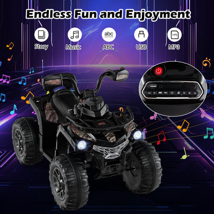 12V Kids Ride On ATV 4 Wheeler with MP3 and Headlights-Solid Black, Black & White Powered Ride On Toys at Gallery Canada