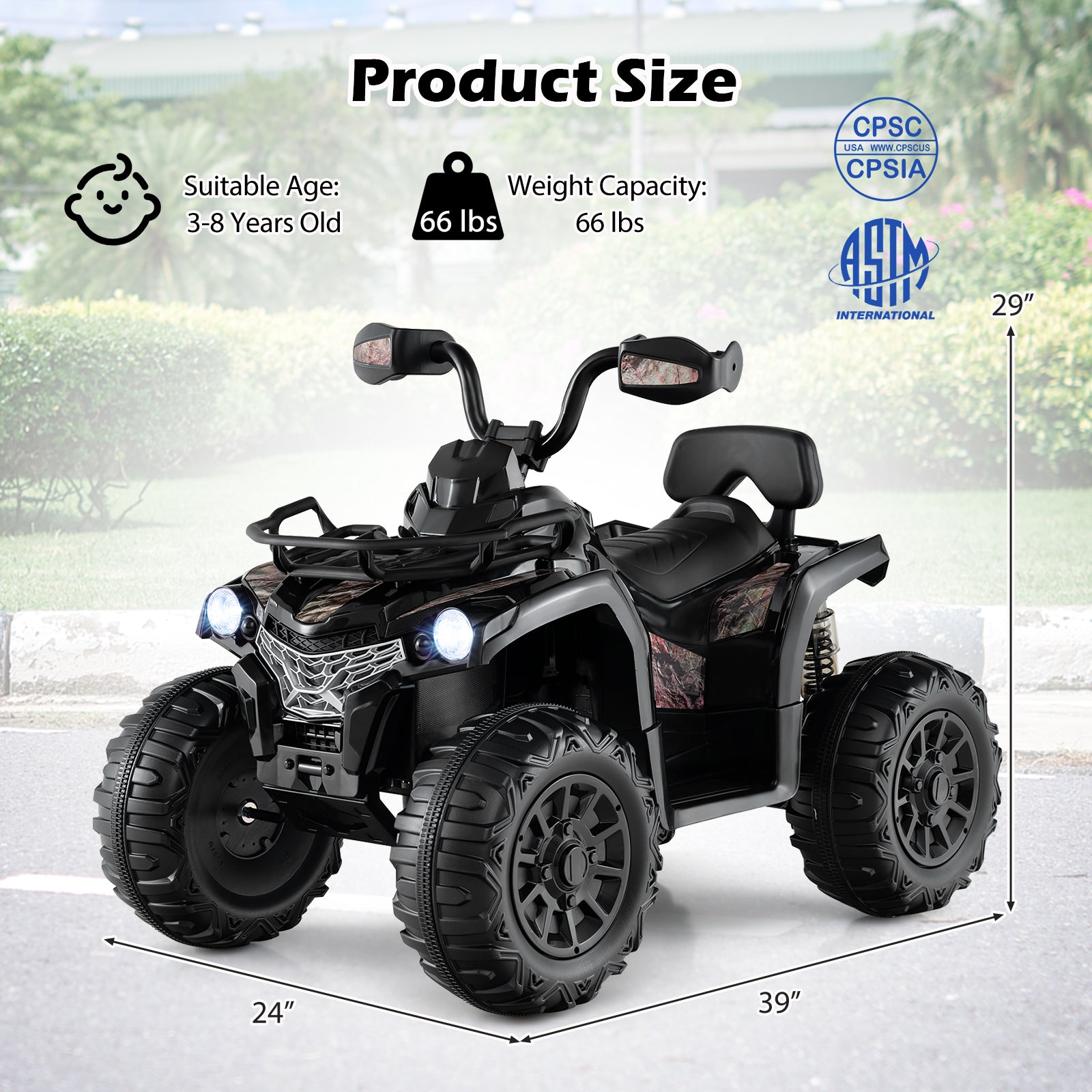 12V Kids Ride On ATV 4 Wheeler with MP3 and Headlights-Solid Black, Black & White Powered Ride On Toys at Gallery Canada