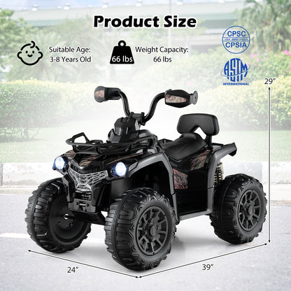 12V Kids Ride On ATV 4 Wheeler with MP3 and Headlights-Solid Black, Black & White Powered Ride On Toys at Gallery Canada