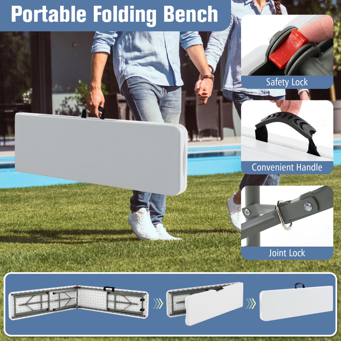 6 Feet Plastic Folding Bench With Handle, Lock, White Camping Furniture at Gallery Canada