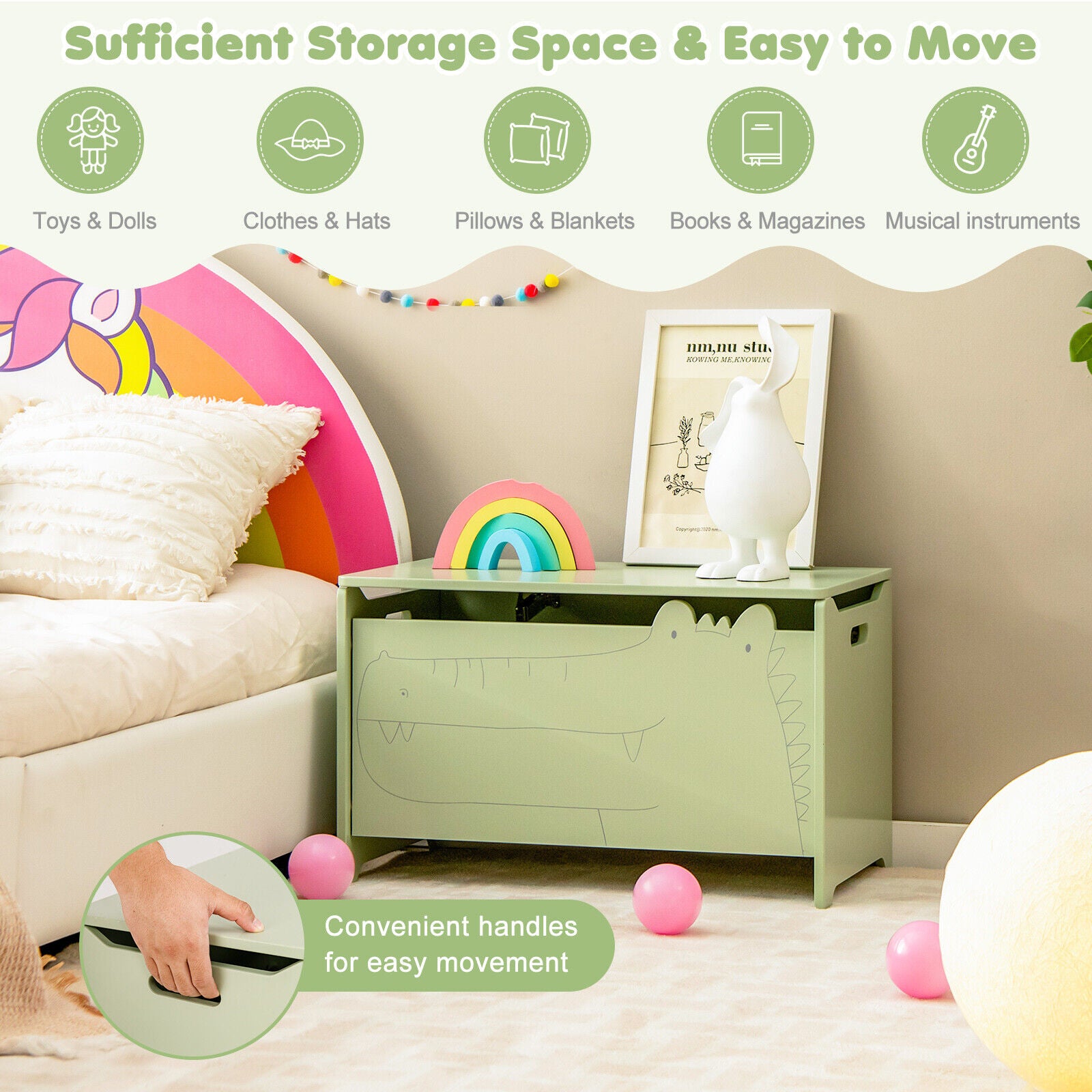 Wooden Kids Toy Box, Safety Hinge, Green Kids Storage at Gallery Canada