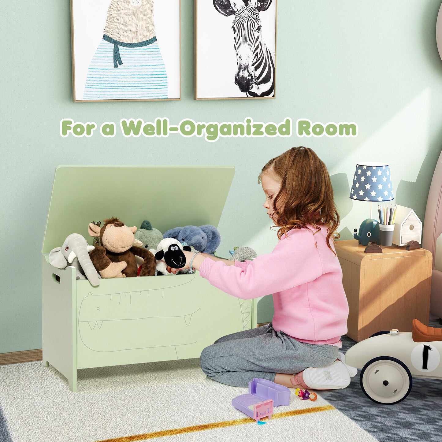 Wooden Kids Toy Box, Safety Hinge, Green Kids Storage at Gallery Canada