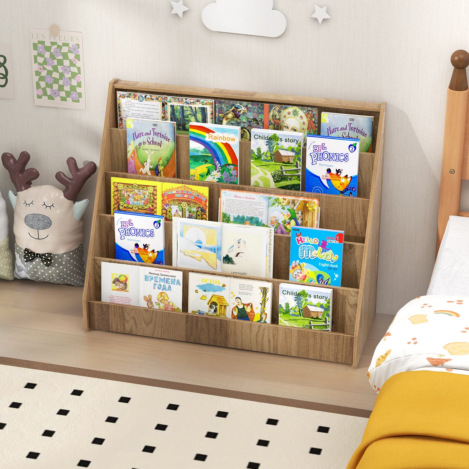 5-Tier Kids Bookshelf with Deep Compartments and Stable Baby Book Case, Natural Kids Storage at Gallery Canada
