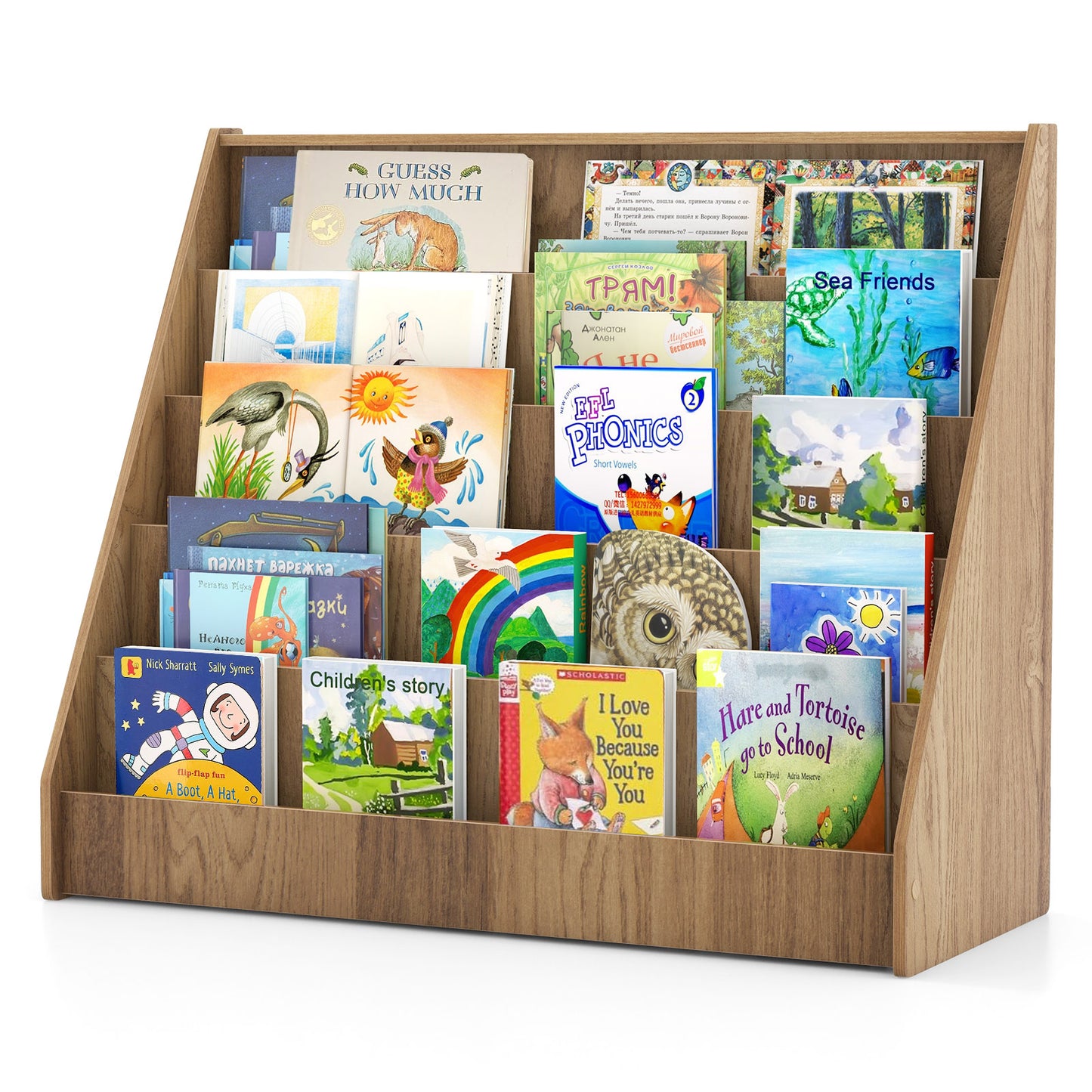 5-Tier Kids Bookshelf with Deep Compartments and Stable Baby Book Case, Natural Kids Storage at Gallery Canada