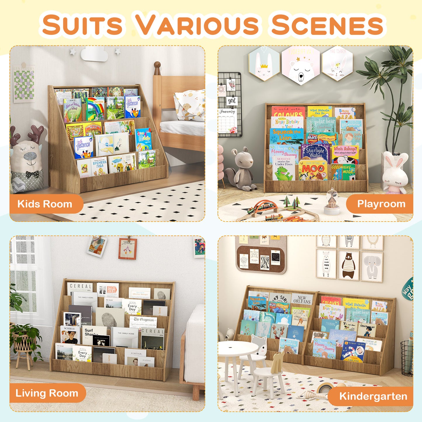 5-Tier Kids Bookshelf with Deep Compartments and Stable Baby Book Case, Natural Kids Storage at Gallery Canada