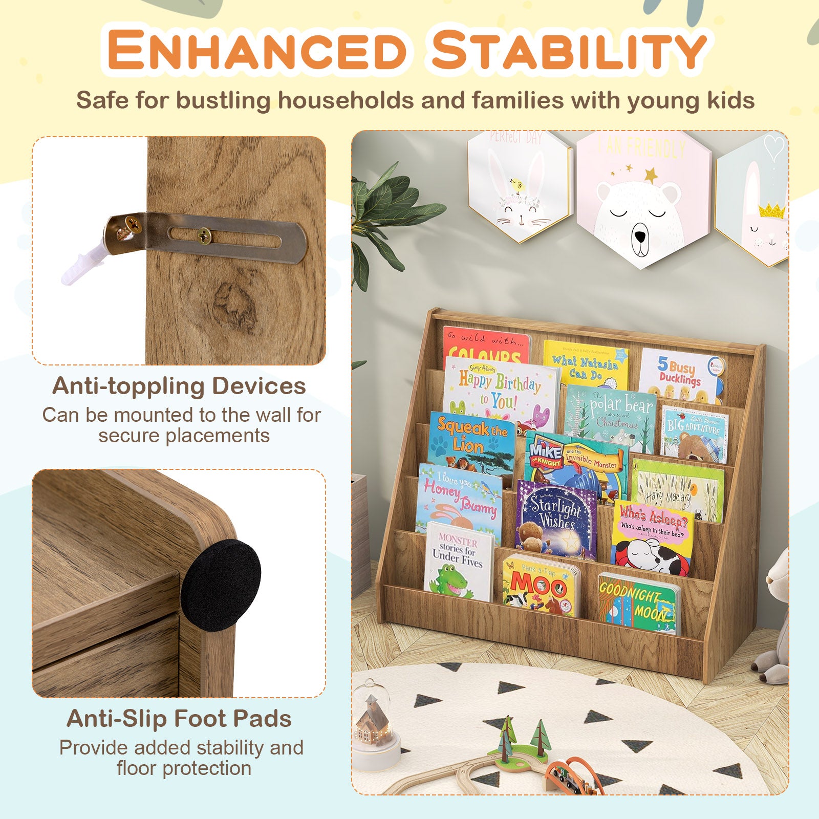 5-Tier Kids Bookshelf with Deep Compartments and Stable Baby Book Case, Natural Kids Storage at Gallery Canada