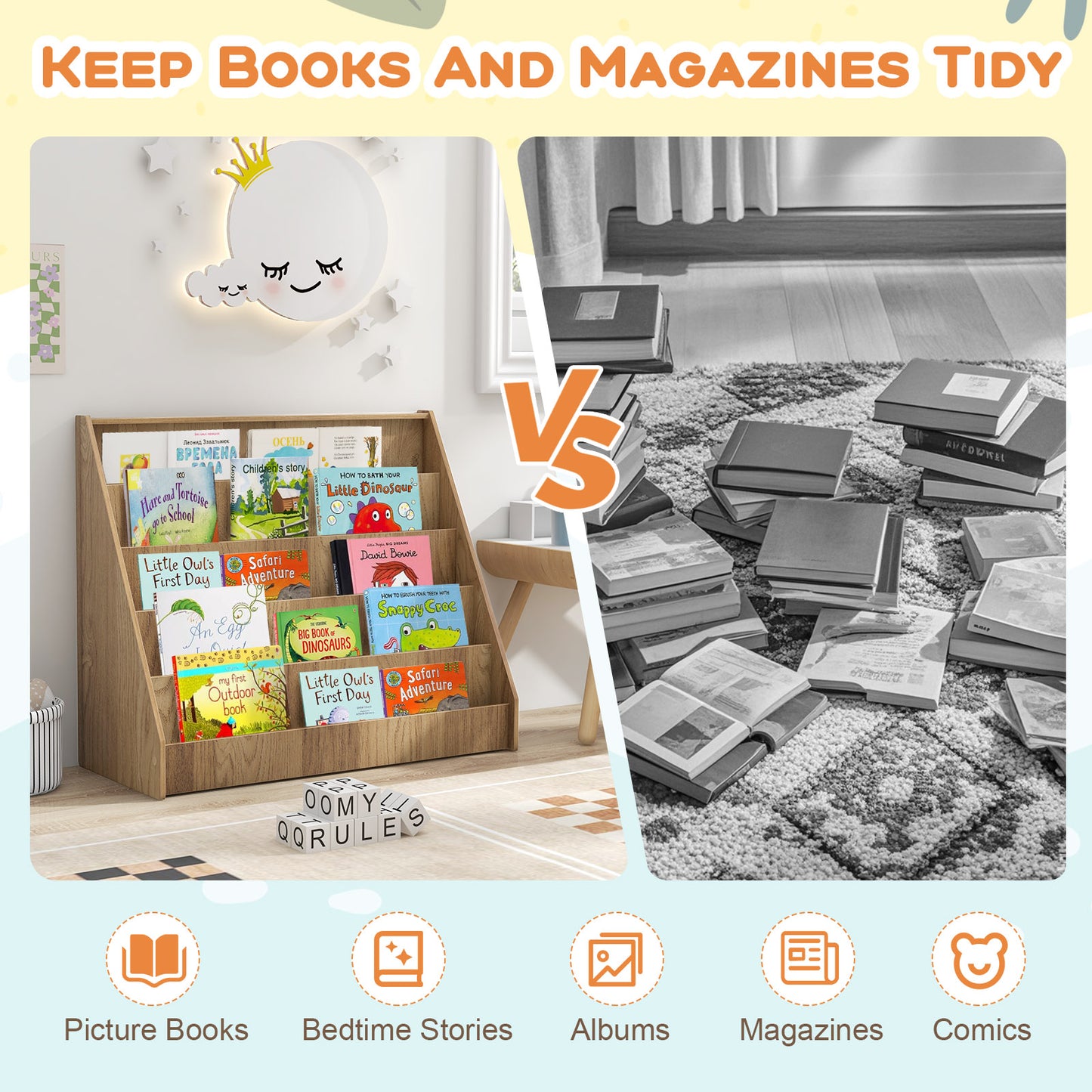 5-Tier Kids Bookshelf with Deep Compartments and Stable Baby Book Case, Natural Kids Storage at Gallery Canada