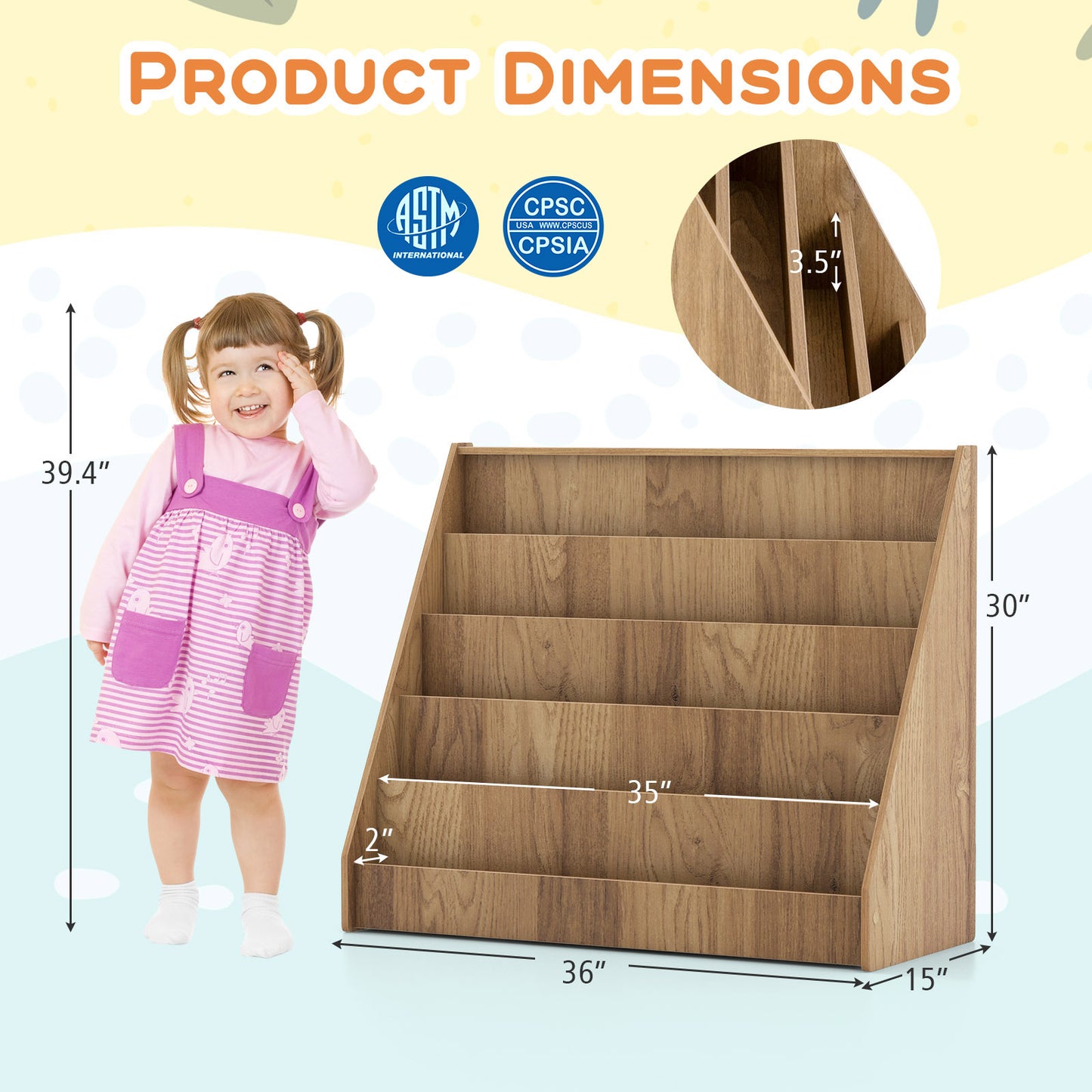5-Tier Kids Bookshelf with Deep Compartments and Stable Baby Book Case, Natural Kids Storage at Gallery Canada