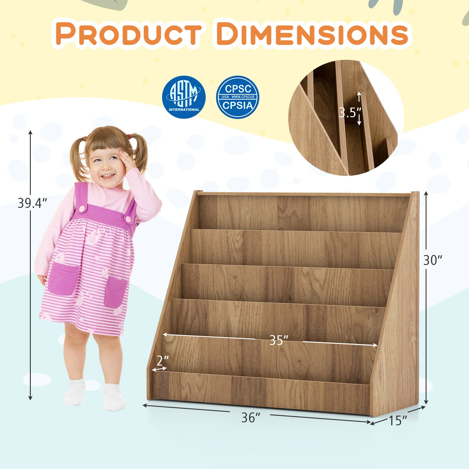 5-Tier Kids Bookshelf with Deep Compartments and Stable Baby Book Case, Natural Kids Storage at Gallery Canada