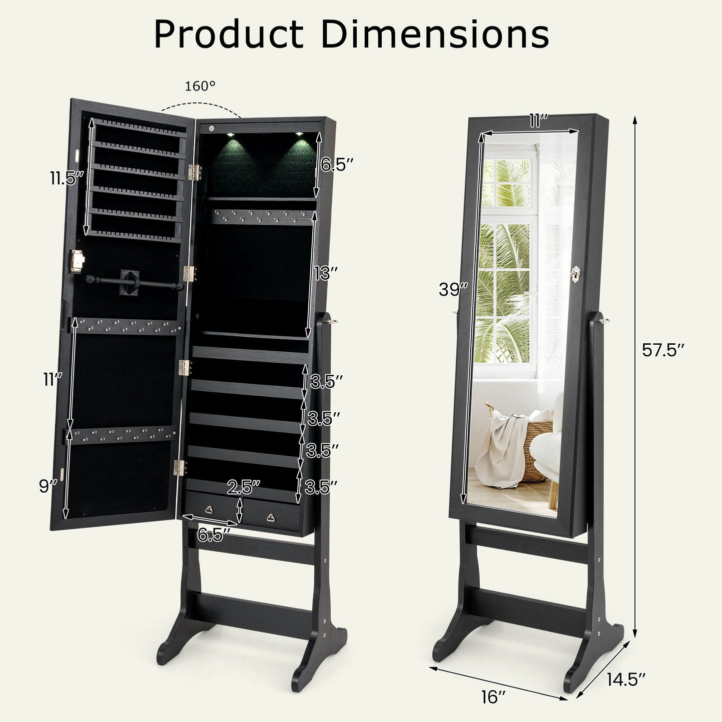 Lockable Jewelry Cabinet Armoire, Full-Length Mirror, Lights, Black Jewelry Armoires at Gallery Canada