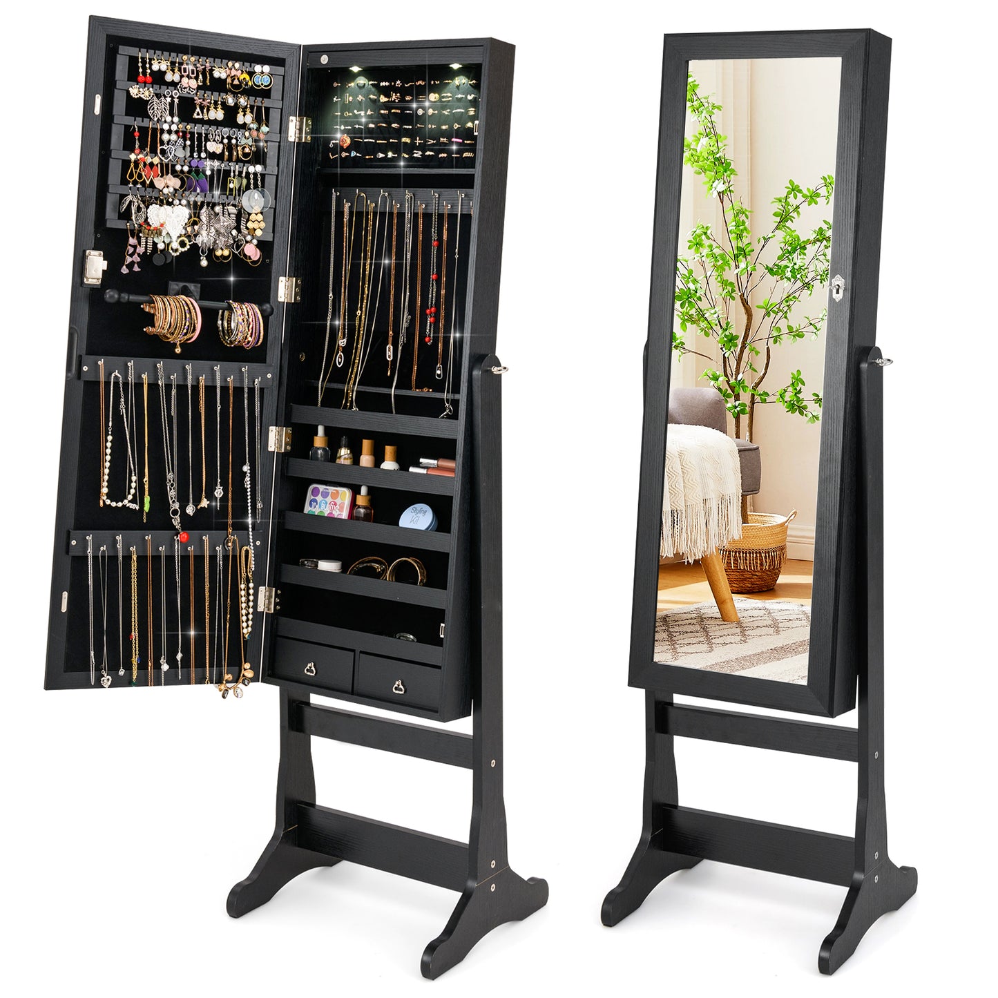 Lockable Jewelry Cabinet Armoire, Full-Length Mirror, Lights, Black Jewelry Armoires at Gallery Canada