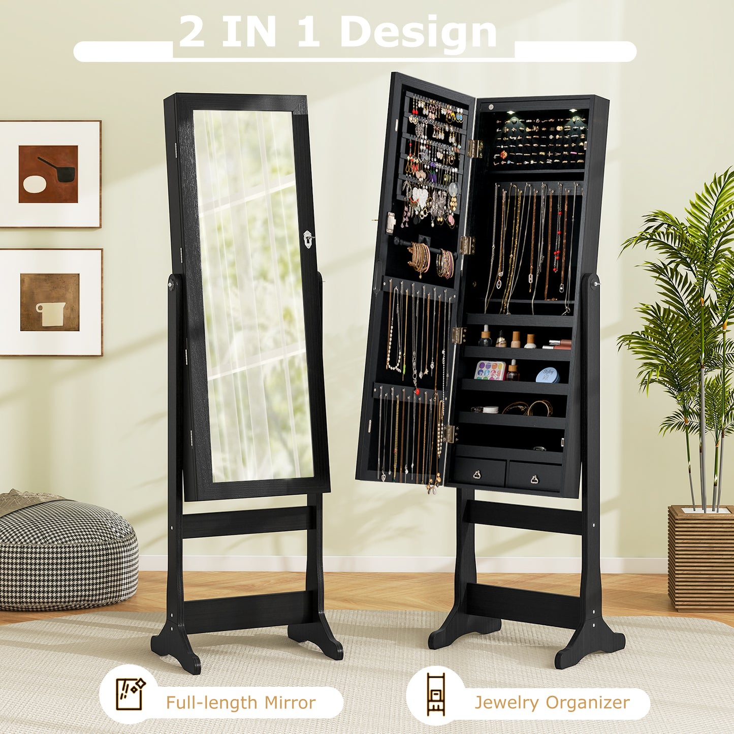 Lockable Jewelry Cabinet Armoire, Full-Length Mirror, Lights, Black Jewelry Armoires at Gallery Canada