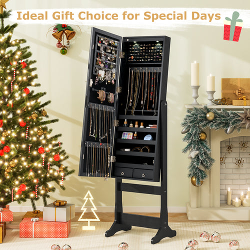 Lockable Jewelry Cabinet Armoire, Full-Length Mirror, Lights, Black