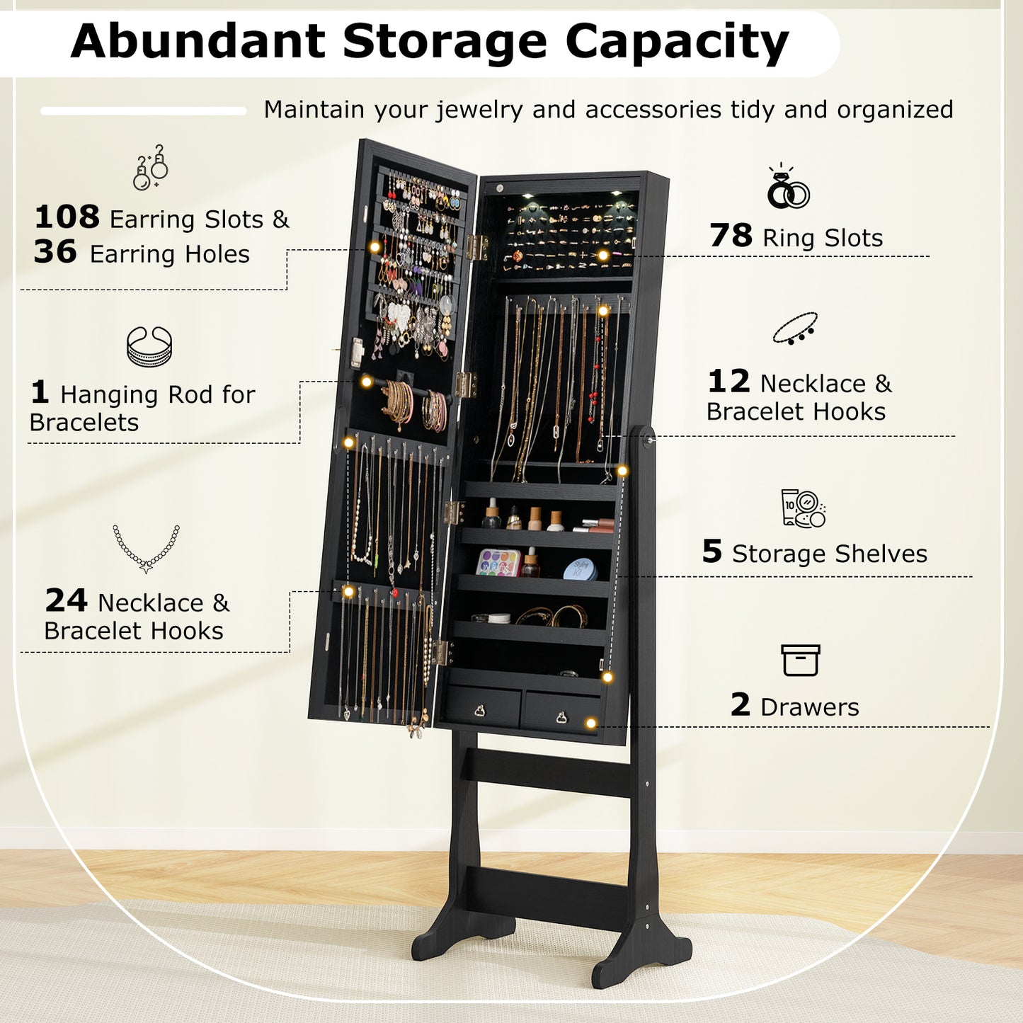 Lockable Jewelry Cabinet Armoire, Full-Length Mirror, Lights, Black Jewelry Armoires at Gallery Canada