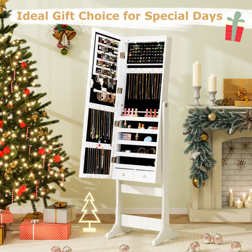 Lockable Jewelry Cabinet Armoire, Full-Length Mirror, Lights, White