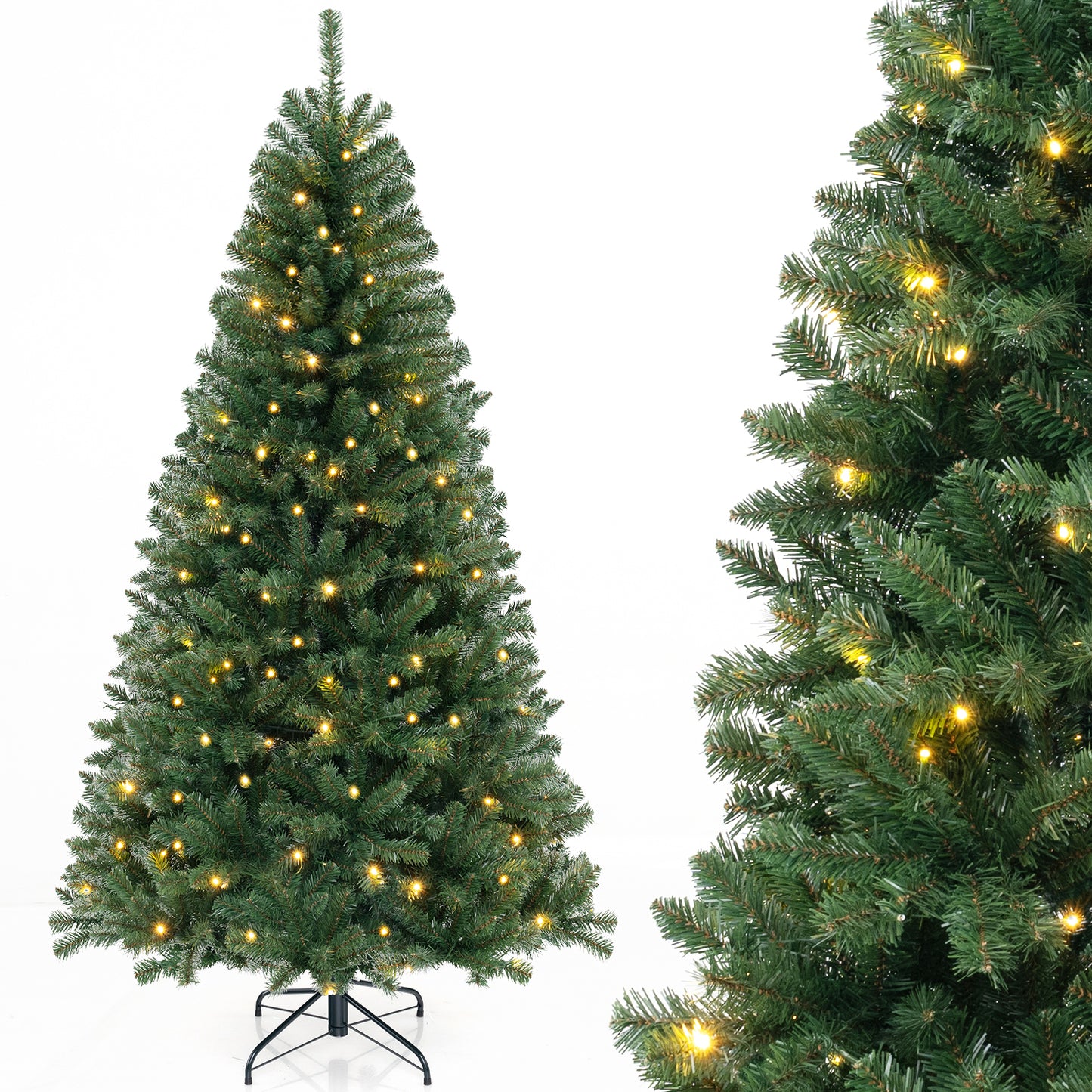 Arbre de Noël artificiel 6/7/8 pieds, 568/830/1182 pointes de branches, 200/250/400 lumières LED blanc chaud, vert